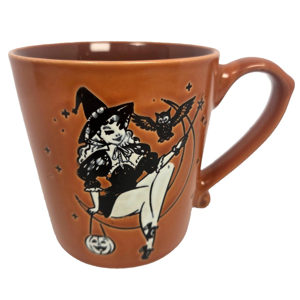 Spectrum Designz Witch on Moon Mug Orange Ceramic Coffee Cup 15oz Owl Gothic